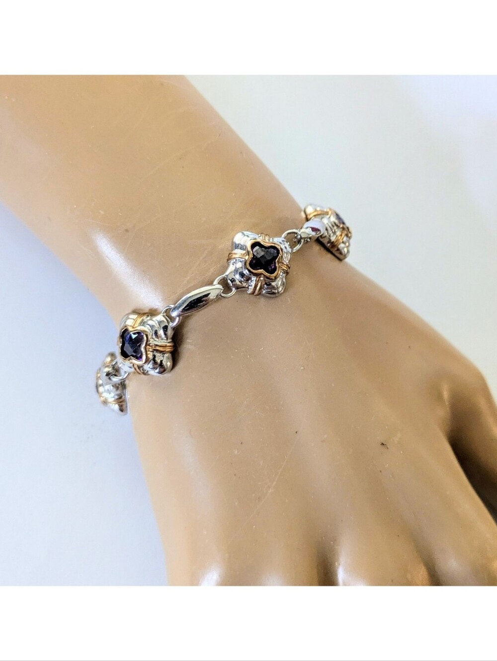 Vintage Silver Plated Gold Accent Purple Crystal Clover Station Link Bracelet 7" - Picture 6 of 9